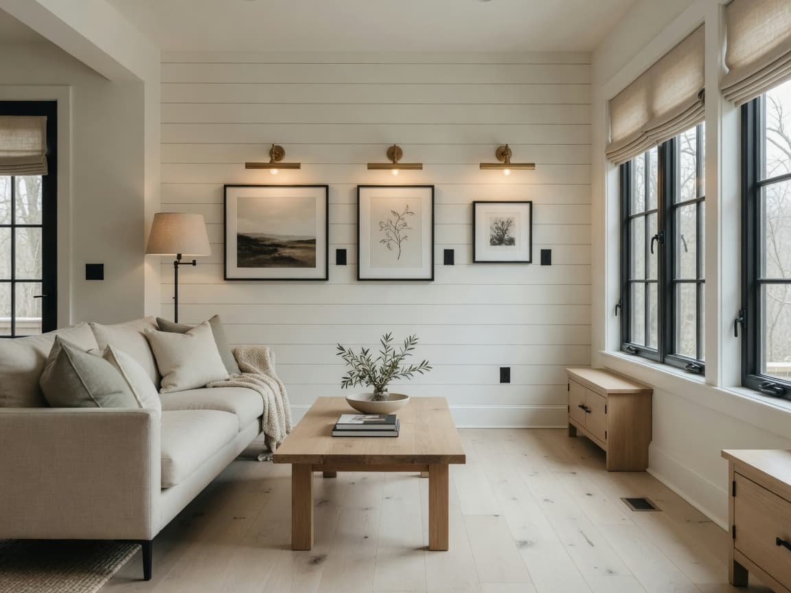 A modern farmhouse living room with white shiplap, oak floors, and black windows.