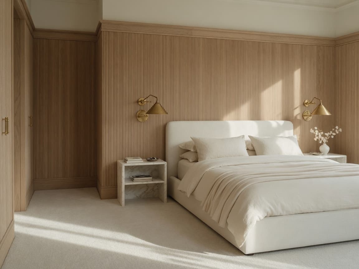 A luxury bedroom with fluted oak walls, a linen bed, and brass reading lights.